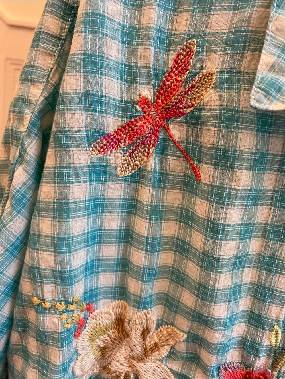 Johnny Was Turquoise Gingham Embroidered Button-Front Blouse , great condition! - Picture 16 of 16